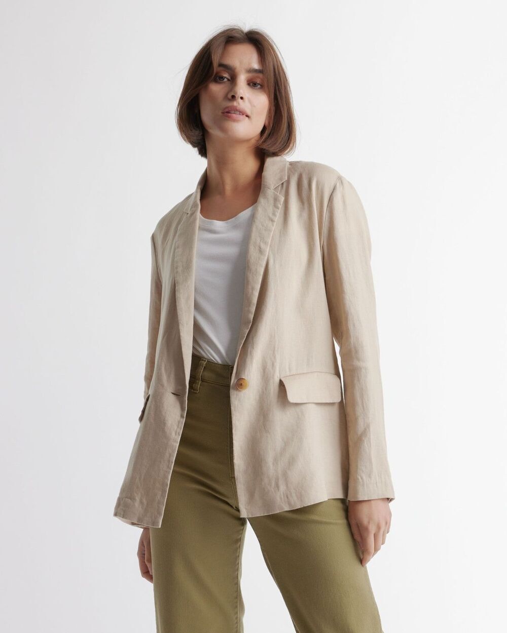 Quince Linen Long Sleeve Notch Lapel Single Breasted Blazer Driftwood Womens XS